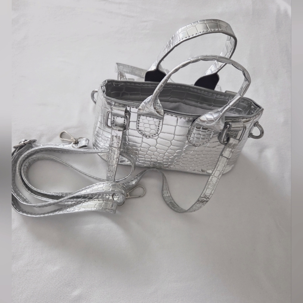 Silver Crocodile-Embossed Handbag